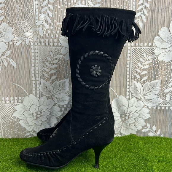 Bronx Vintage Boho Suede Gypsy Moccasins Fringe Tassel Kitten Heel Boots - Picture 3 of 14